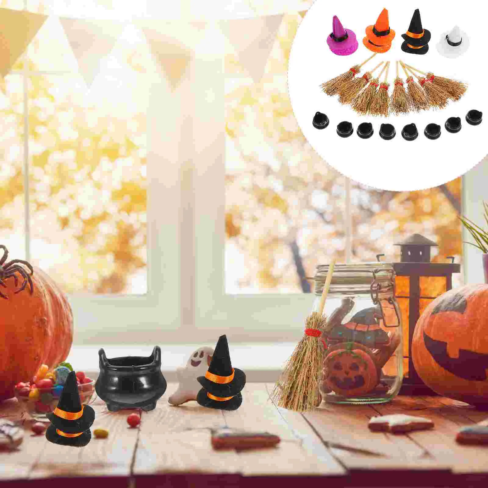 

Witch Cauldron Crafts Decor Felt Hat Broom Party House Fabric Hats Mini Dolls Miniature Halloween Witch's