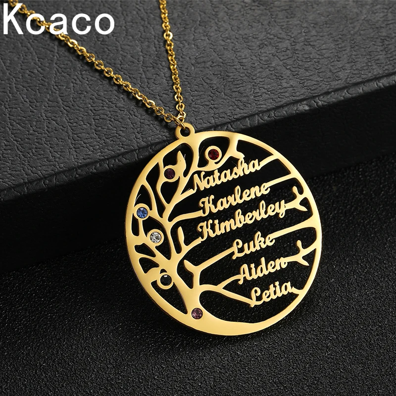 Life Tree Family 1-6 Names Pendant Necklace Personalized Stainless Steel Nameplate with Birthstone For Women Men Birthday Gift
