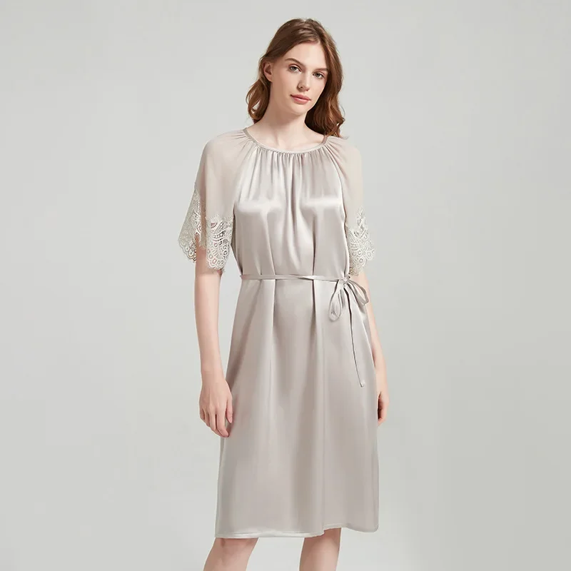 Пижамы из 100% натурального шелка шелковицы шелковая ночная рубашка с кружевными