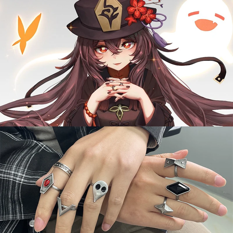 

Genshin Impact Hu Tao Cosplay Game Rings Set For Women Unisex Props Stage Property Ring Set Jewelry Characters Props Ring Gift