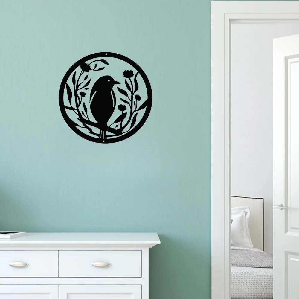 Очаровательный металлический настенный рисунок с цветком и птицей круглая