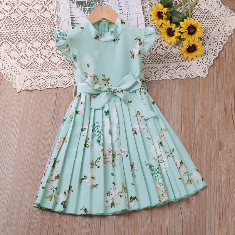 

2023 New Summer Flying Sleeve Flower Dress Green Pleated Dress Casual Dress For Girl Clothes Kid Children