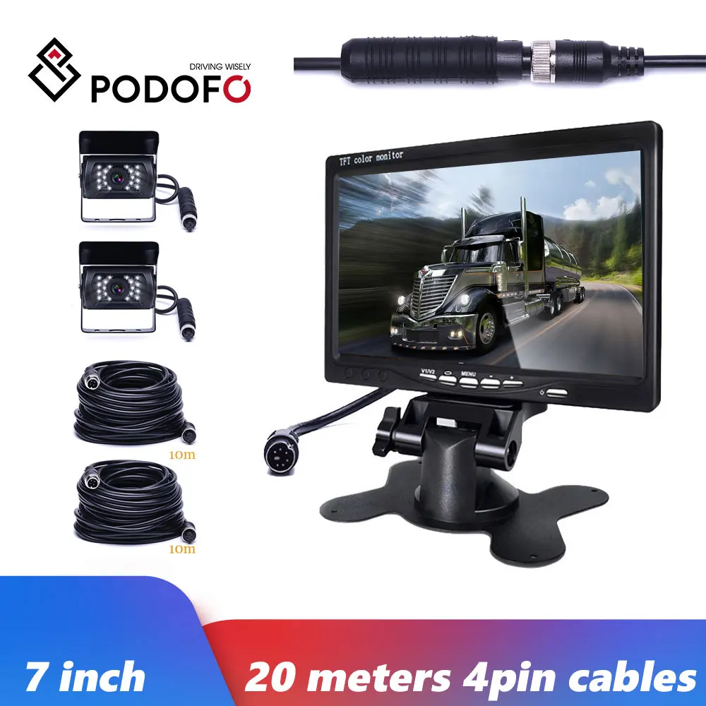 Podofo Car Monitor DC 12V-24V 7" LCD Waterproof 4 Pin IR Night Vision Rear View Camera for Bus Truck Rear View Display