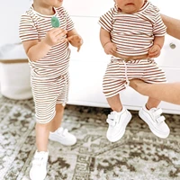 babys two piece suit infant boy girl stripe pattern short sleeve round neck t shirt elastic waist shorts