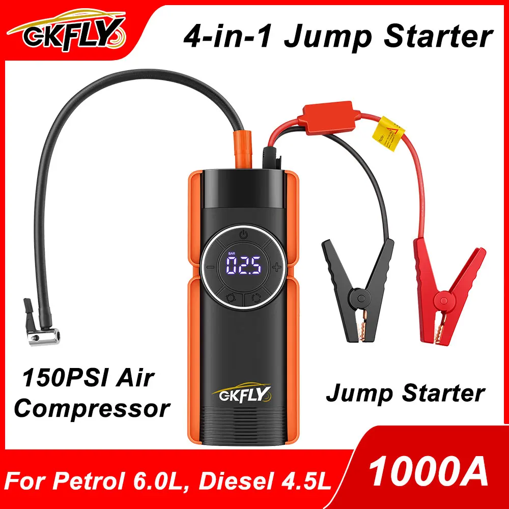 GKFLY 4 In 1 1000A Jump Starter Power Bank 150PSI Air Compressor Tire Pump Portable Charger Car Booster Starting Device