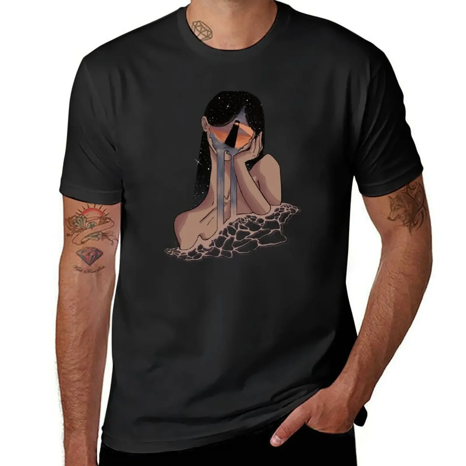 Lost- Digital Surreal Graphic with Faceless woman and Lighthouse T-Shirt blue archive quick-drying lock Men's t-shirts
