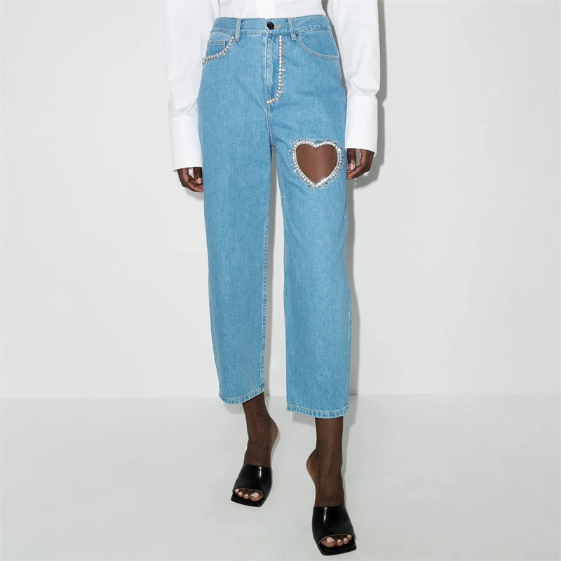 Summer new women's cotton wash high waist heart-shapedhollow out diamond-encrustednine-point jeans y2k fashionstraight leg pants