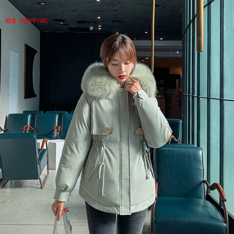 Women Parkas Winter Coat Luxurious Large Fur Collar Hooded Thick Warm Padded Jacket Dovetail Jackets Fur Lining Parka White 2021