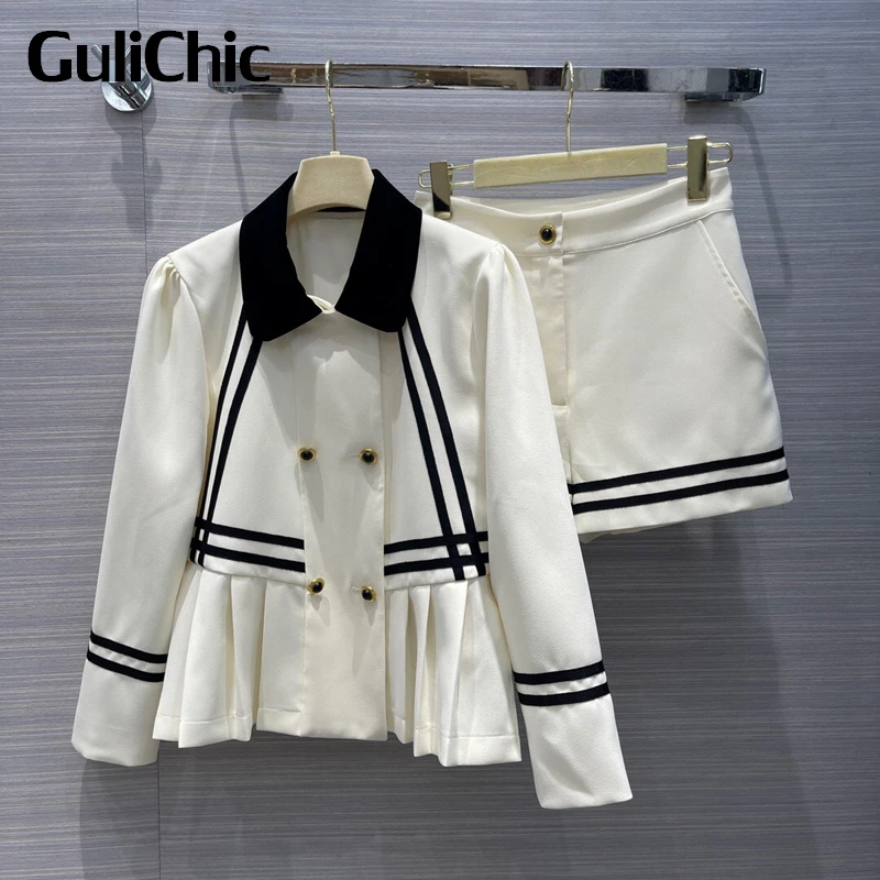 

Женский Повседневный комплект GuliChic 10,26 года, двубортный плиссированный жакет с отложным воротником и шорты контрастных цветов, комплект из ...