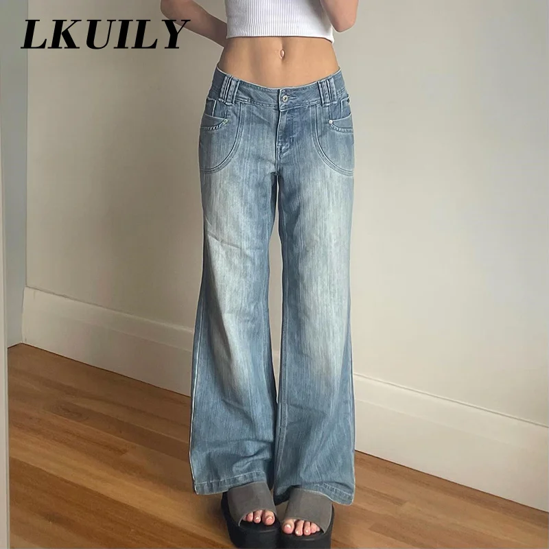 

Retro Jeans Women Fashion Famale Clothing Loose Casual Jeans Mid Waist Y2K Streetwear Aesthetics Solid Baggy Straight Trousers