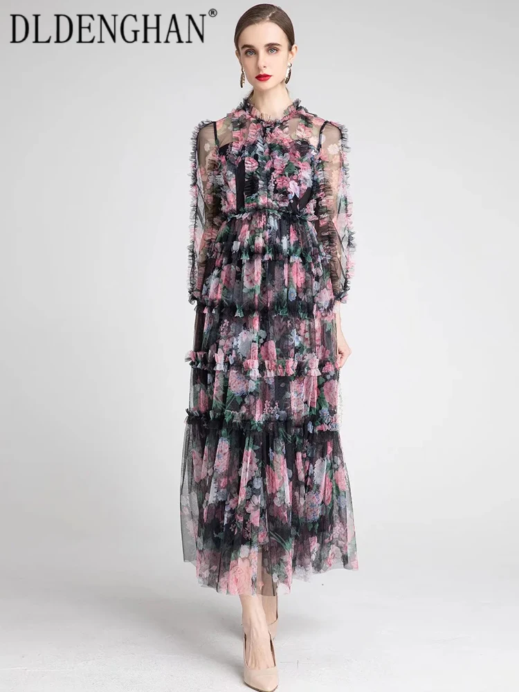 DLDENGHAN Fashion Designer Summer Mesh Maxi Dress Women O-Neck Lantern Sleeve Ruffles Flower Print Bohemian Long Dresses