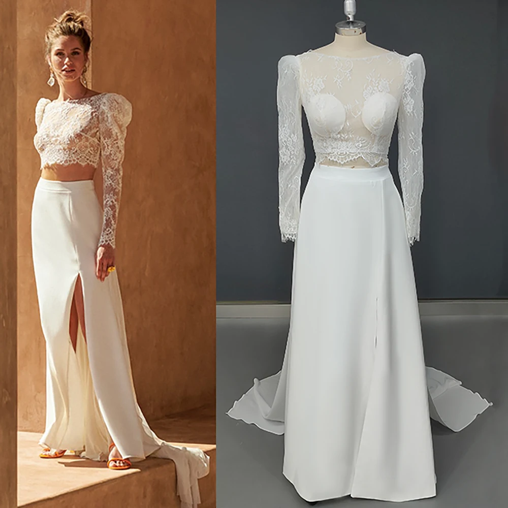 

Укороченный Топ с длинным рукавом, свадебное платье с раздельным рисунком, выполненное на заказ, прозрачное кружево, трапециевидный силуэт ...