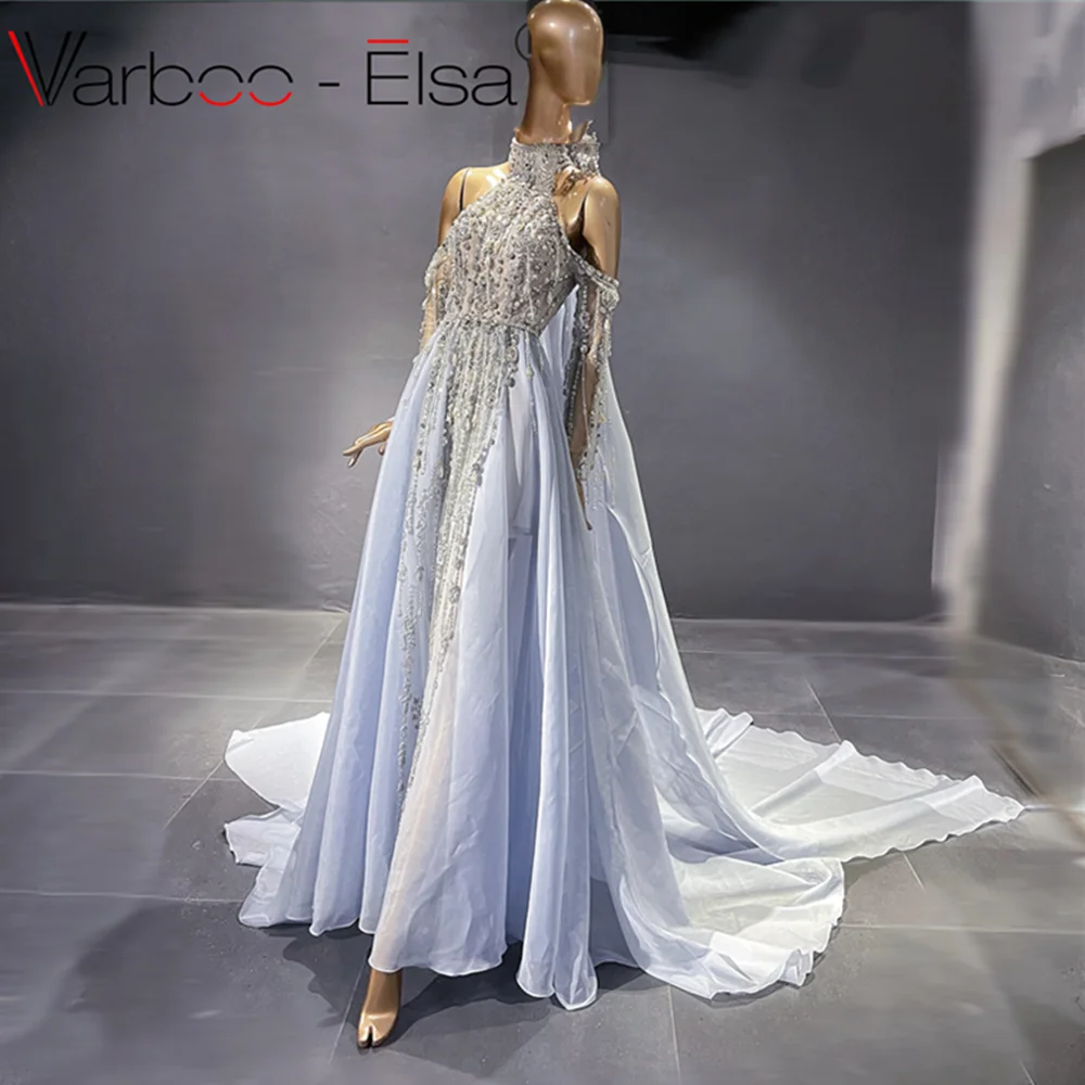 

Varboo_Elsa Luxury Beaded Pearls Crystal Dubai Evening Dress for Women Wedding Party Elegant Halter Long Prom Gowns With Cape