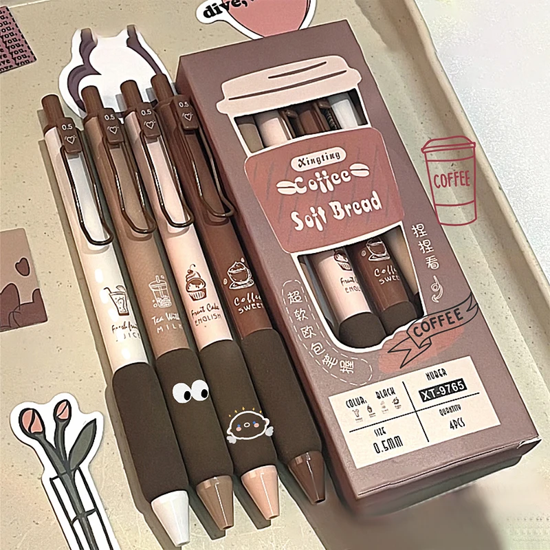 

4pcs Coffee Soft Bread Gel Pen Set 0.5mm Black Color Ink For Writing Office School Stationery Supplies Children Gifts