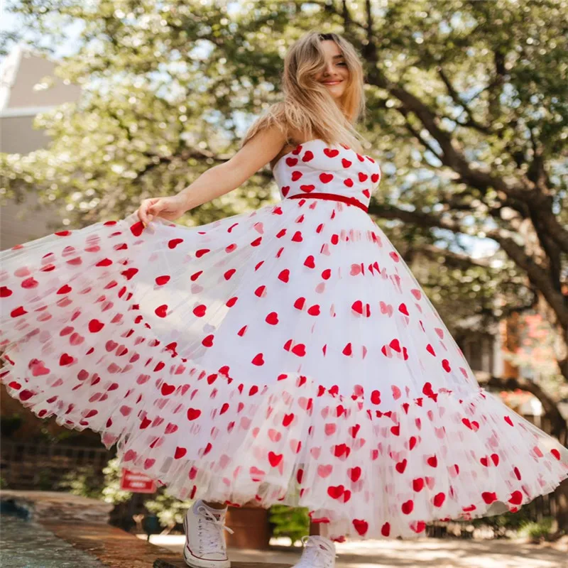

Valentines Day Women Tulle Dress Dating Puffy Evening Long Dresses Sexy Off-Shoulder Ruched Heart Print Tube Dress Night Dress