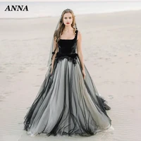 anna beauty wedding dress 2022 gothic black appliques backless square collar a line beadings vestido de noiva civil custom made
