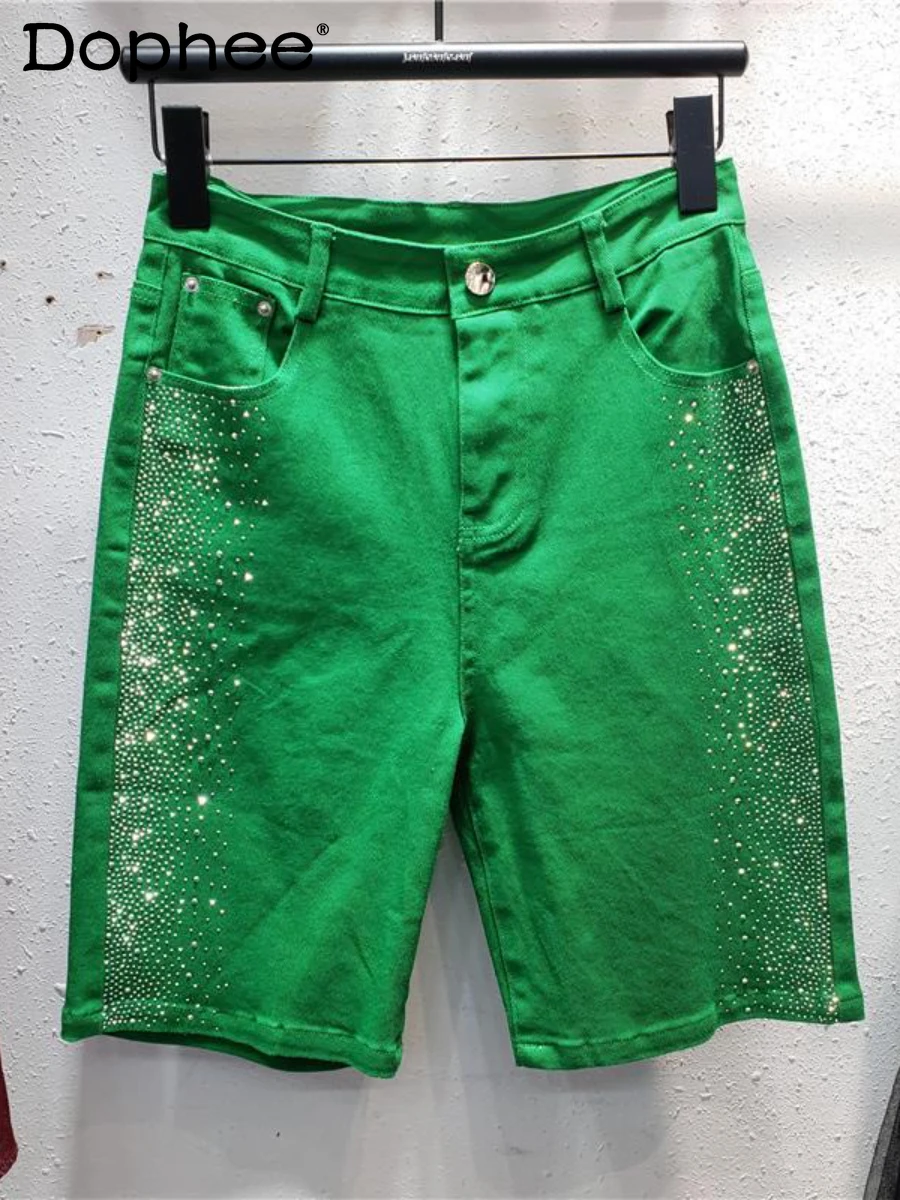 

High Street White Rhinestone Denim Shorts Women Summer New High Waist Slim Fit Slimming Sweet Candy Color Straight Short Jeans