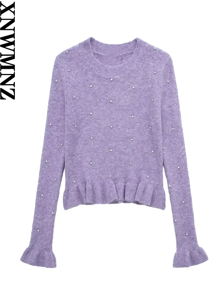 

XNWMNZ женский модный гофрированный вязаный укороченный свитер с бисером винтажный Повседневный Топ с круглым вырезом и длинным рукавом женские шикарные пуловеры