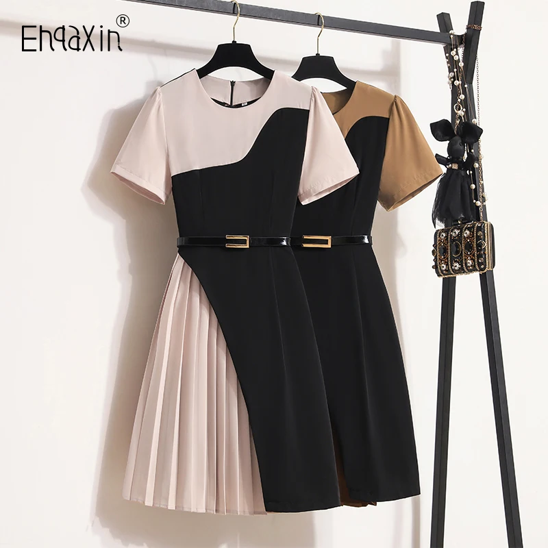 EHQAXIN Summer Women's Dress Fashion Loose Korean Contrast Color Panel Chiffon Pleated Short Sleeve A-Line Dress With Belt L-4XL
