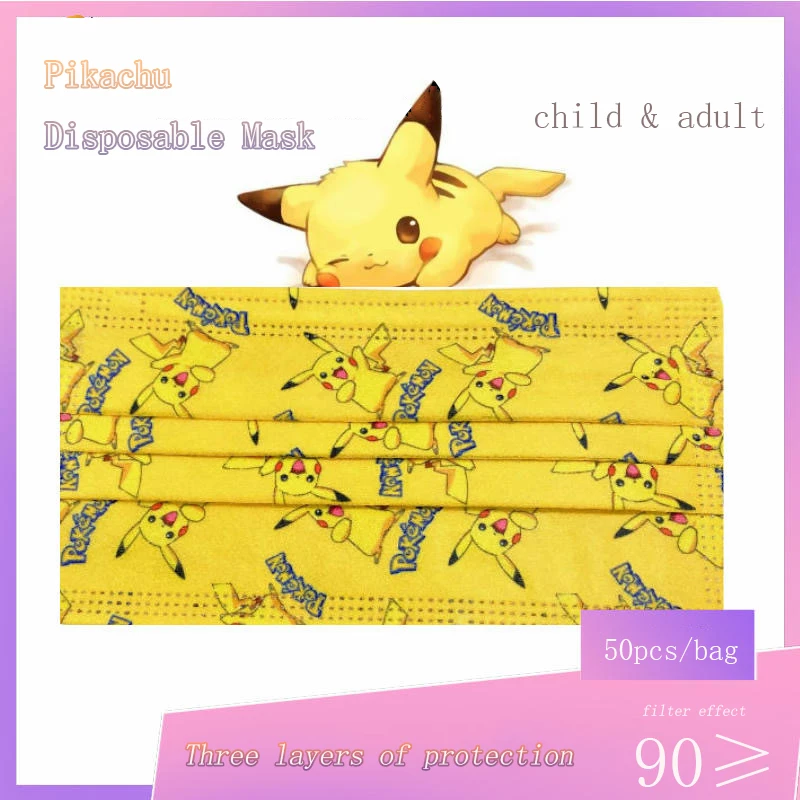 

50pcs Adult & Children Pokemon Mask Pikachu Cartoon Pattern 3 Layer Protection Breathable Dustproof Disposable Parent-child Mask