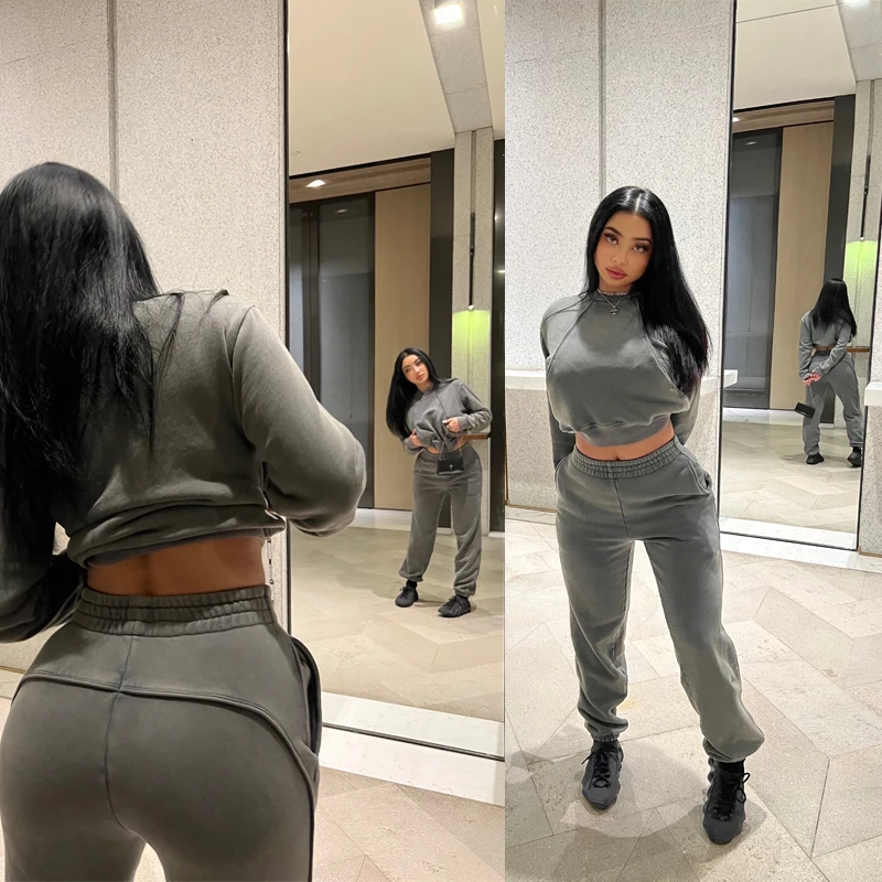 

Winter Heavy Fading Washed Sweatshirts Pullover and Pants Suit Two Piece Set Tracksuit Womens Sports Outfits Solid Casual 2pcs