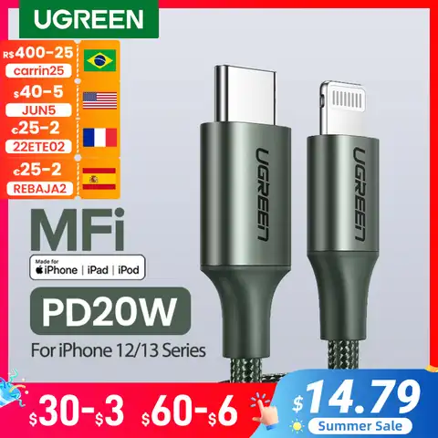 Зарядный кабель UGREEN с USB C на MFi Lightning для iPhone, кабель для быстрой зарядки и передачи данных для iPhone 13 mini Pro Max PD 18 Вт 20 Вт, кабель для MacBook