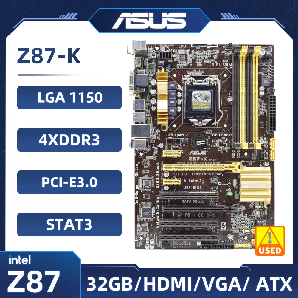 1150 Материнская плата Asus Z87-K Материнская плата Intel Z87 4 × DDR3 32 Гб PCI-E 3,0 6 ×SATA III USB3.0 HDMI ATX Поддержка Core i3-4150