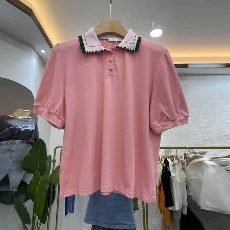 

Южная Корея, Dongdaemun, Новинка лета 2023, розовая дизайнерская нишевая свободная футболка-поло с коротким рукавом, женская футболка