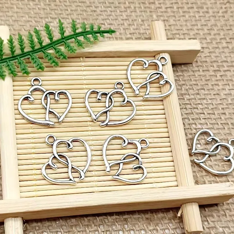 

20pcs 19x19mmJewelry Double Heart 19x19mm Silver Pendant Antique Jewelry Making DIY Handcraft charms for jewelry making