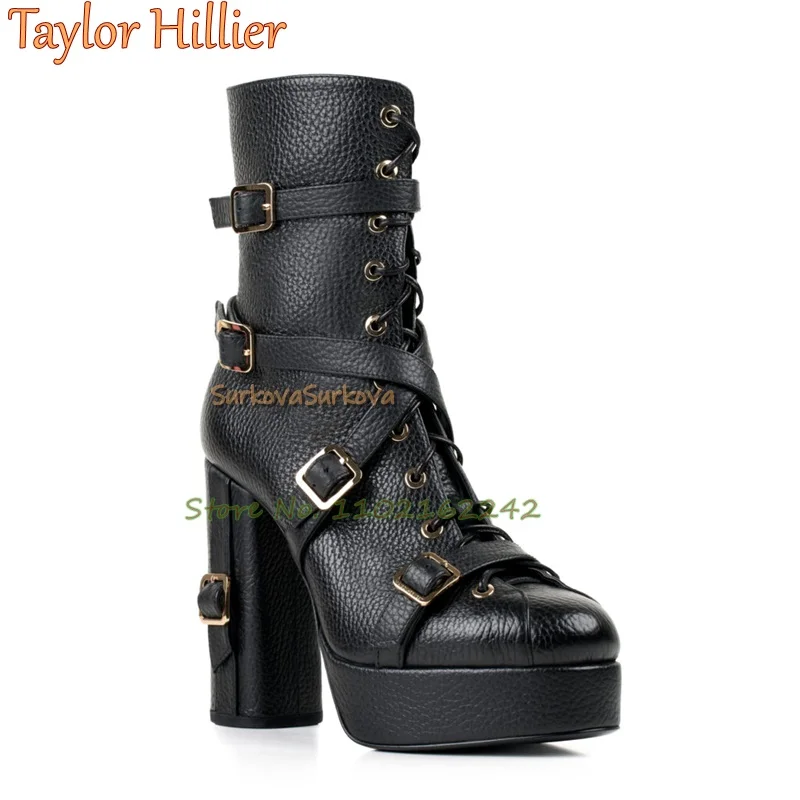 Черные ботильоны из натуральной кожи на толстом каблуке с пряжкой и ремешком