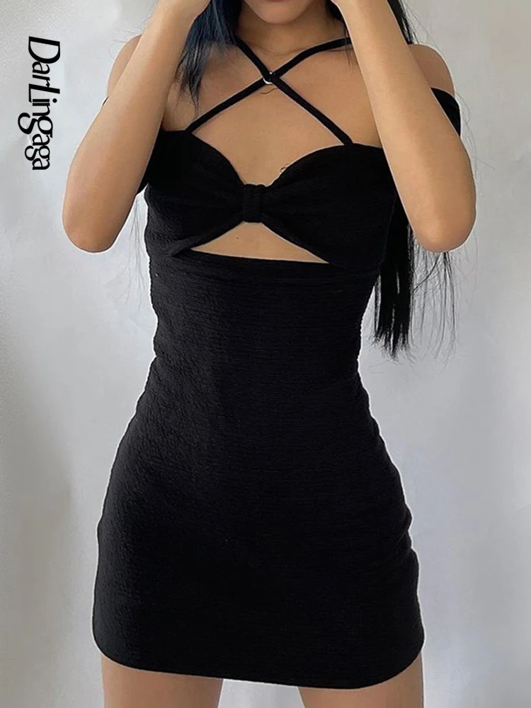 

Darlingaga Fashion Chic Off Shoulder Bodycon Black Dress Twist Cut Out Solid Basic Club Party Sexy Dress Female Sundress Outfits