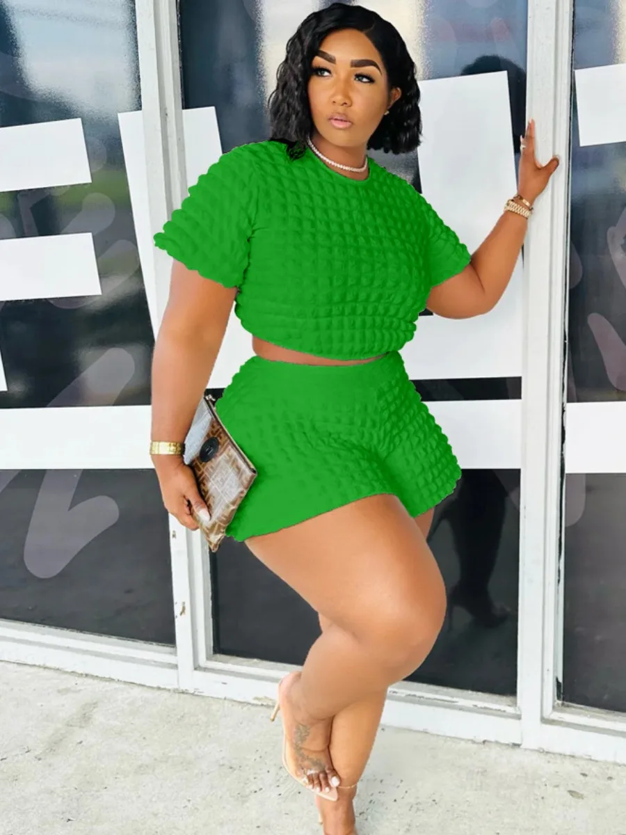 LW Plus Size summer two pieces set Crop Top Waffle Knit Shorts Set Women Summer Short Sleeve T-shirt & shorts Women's Suits