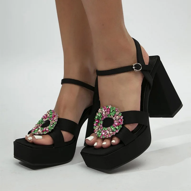 

Women Sandals 2022 New Female Fashion Paltform Crystal Block High Heels Shoes Ladies Soild Square Toe Buckle Straps Part Pumps