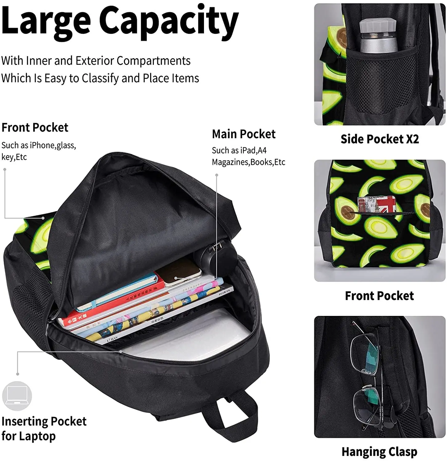 Black Backpack Set 3-Piece Teen Boys Girls Backpack Messenger Lunch Bag Pencil Case Set