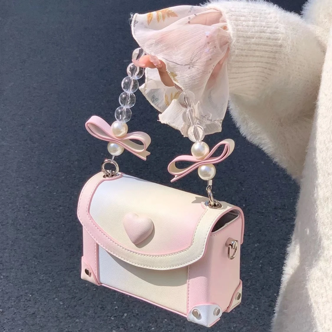 

Японская квадратная сумка с милым сердцем и кристаллами, сумка на плечо с жемчугом, сумка-мессенджер, портативная женская сумка на цепочке, женская сумка