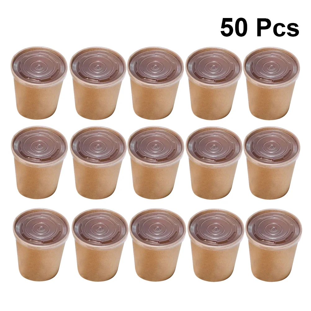

50 Pcs 12 Oz Hot Soup CupThicken Disposable Oirl-proof Kraft Paper Soup Container With Lids (50 Paper Cup + 50 PP Lid)