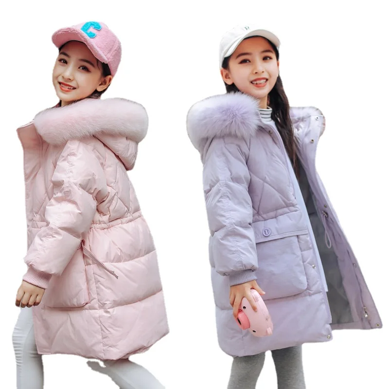 5-14 Years Children Girl Winter Overalls Outwear Down Jacket Toddler Warm Parka Faux Fur Hooded Coat Kids Snowsuit Clothes