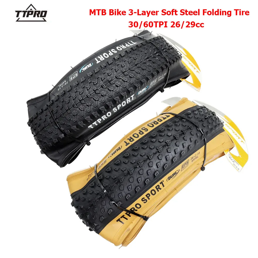 

TTPRO MTB Bike Folding Tire 30/60TPI 26/27.5/29*2.10 Anti Puncture Fetus Soft Steel Wire Black Edge Bicycle Tire Cycling Parts