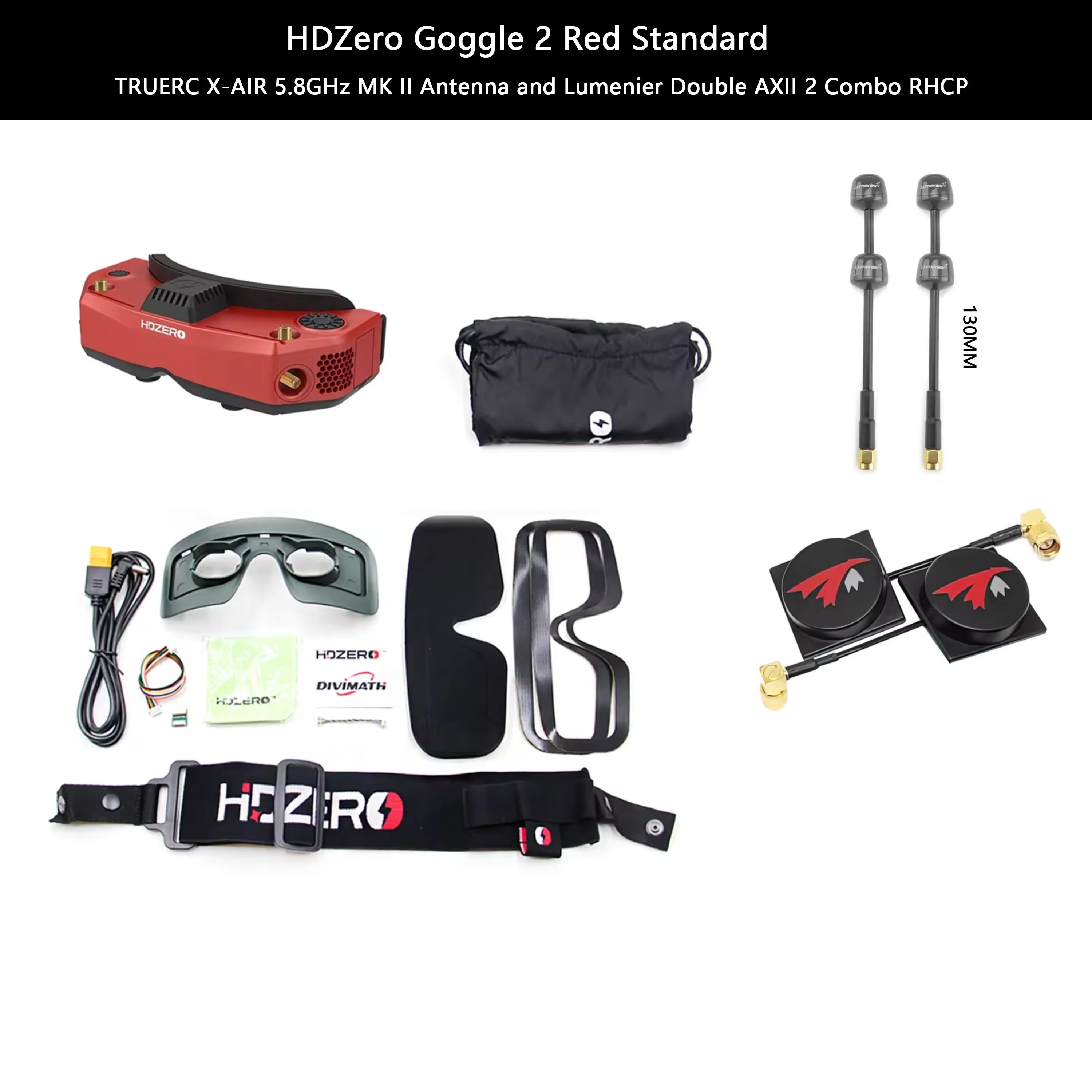 HDZero FPV Goggles2 Red + TrueRC X-Air MKII + Lumenier Double 130mm antennas