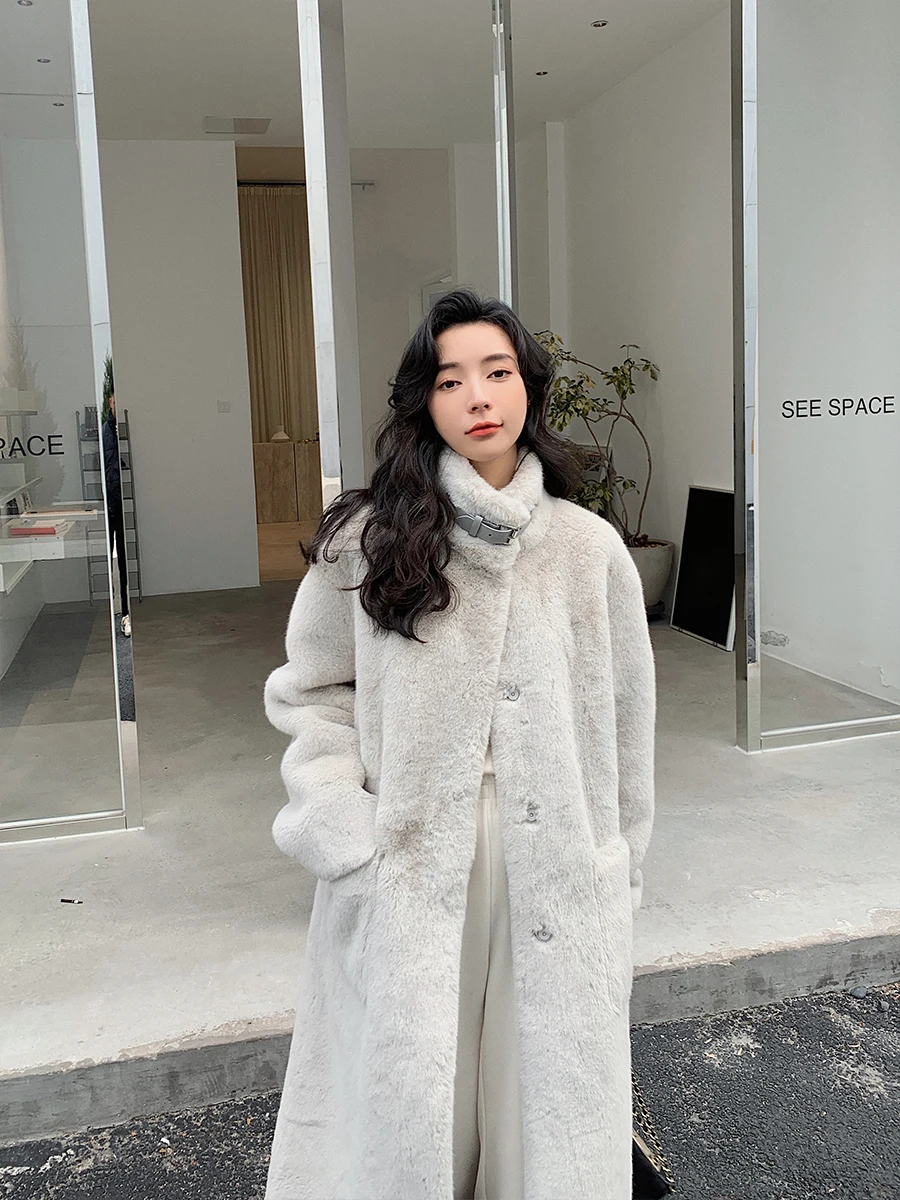 Eco-friendly Fur Coat Korean Style Women long Jacket Stand-up Collar Plush Fur Coat Thick Warm Faux Fur Jackets winter clothes
