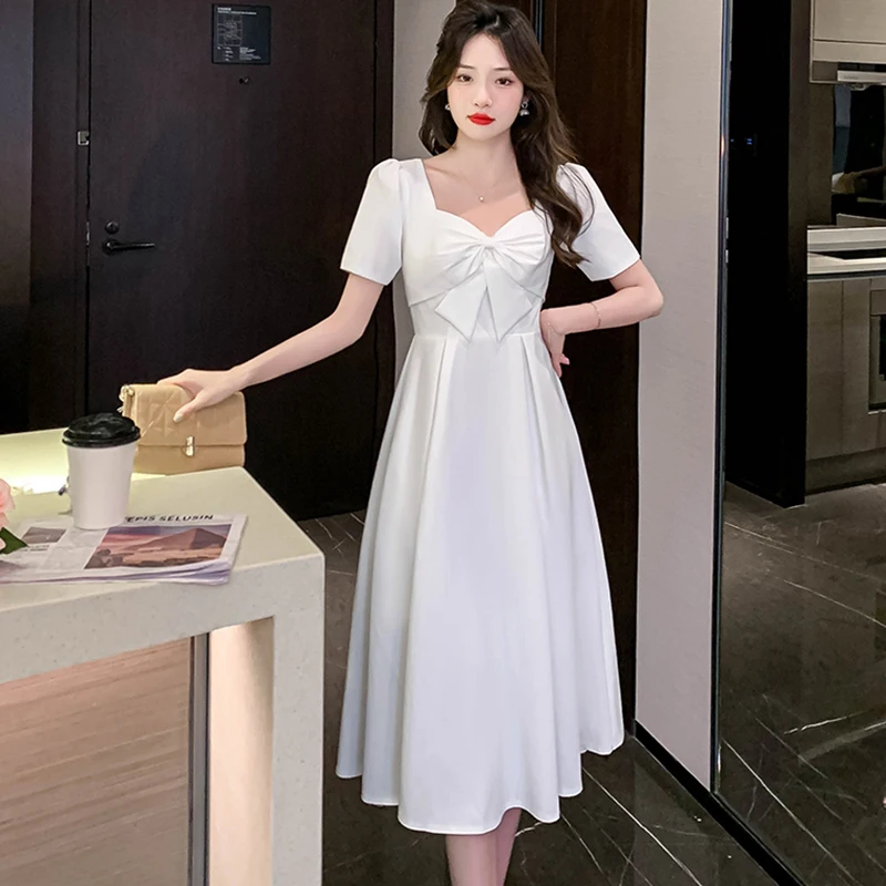 

Summer White Short Sleeve Bow Midi Dress Women Black Korean Vintage Hepburn Dress 2022 Red Wedding Elegant Bodycon Party Vestido