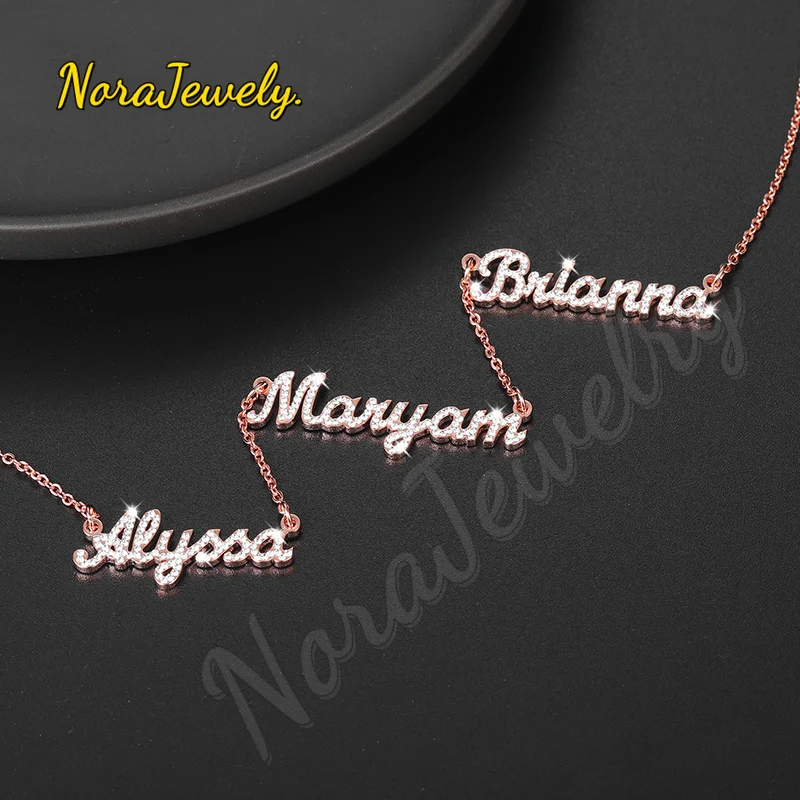 NORAJewelry Custom 3 Names Iced Out Necklace Personalized BlingBling Stainless Steel Name Nameplate Charm Necklace GiftFor Women