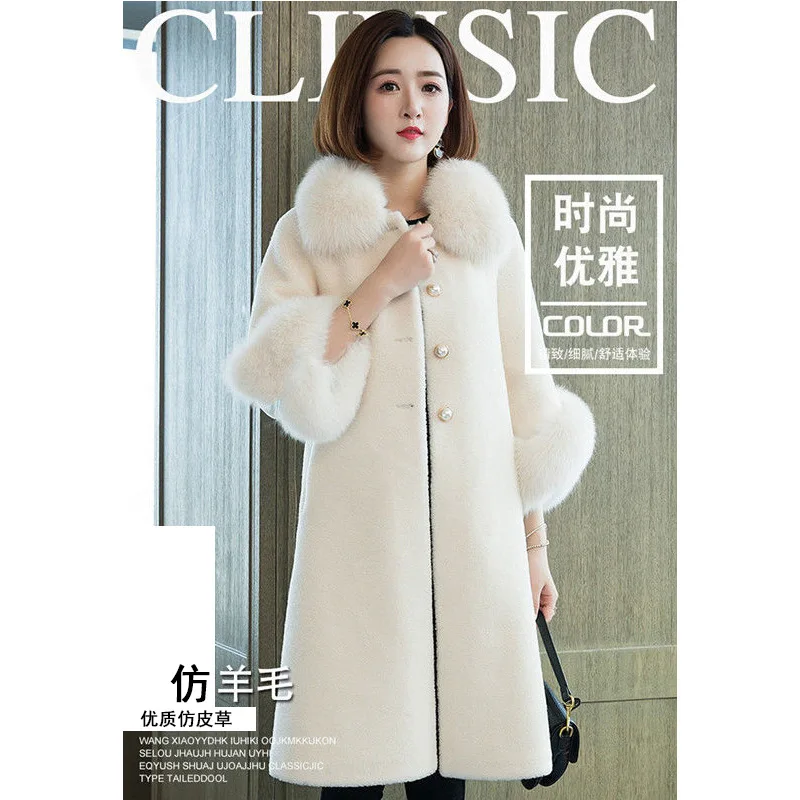 Autumn  winter 2022 faux lamb fur coat women's medium long fox fur collar cashmere faux fur coat