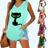 women fashion sleeveless shirt cat print top summer v collar vest shirt casual t shirt laides pullover loose tank top