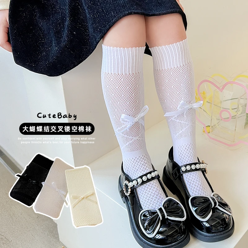 

Sweet Baby Kids Long Kawaii Socks Cute Big Bow Knot Tie Dot Summer Lolita Stockings Hollowed Out Mesh Over The Knee High Socks