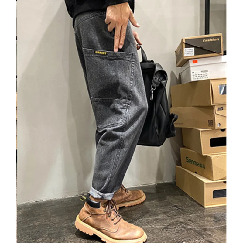 Men Clothing New Pattern Recreational Vintage Nostalgia Black Grey Jeans Straight Cylinder Loose Street Trousers Autumn Female