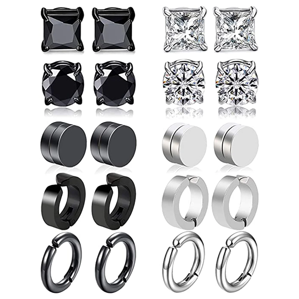 

10 Pairs 316L Stainless Steel Magnetic Stud Earring for Men Women hypoallergenic Clip On Non Pierced Cool Black CZ Earring Set