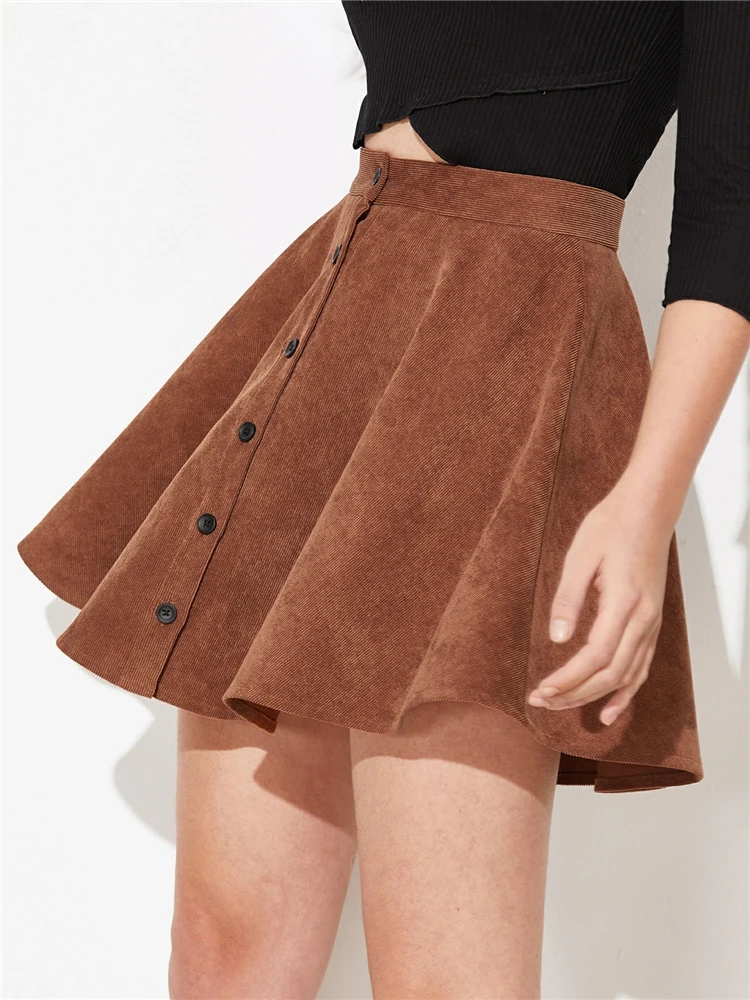 

Women's Button Up Flare A-Line Corduroy Skirt Button Up High Waist Mini Pleated Skirt Autumn Official Ladies Black Skirt