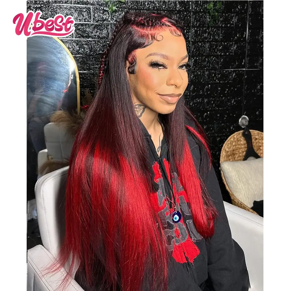 13X6 13X4 Прозрачный парик спереди прямой из 100% человеческих волос Ombre 1b красный цвет