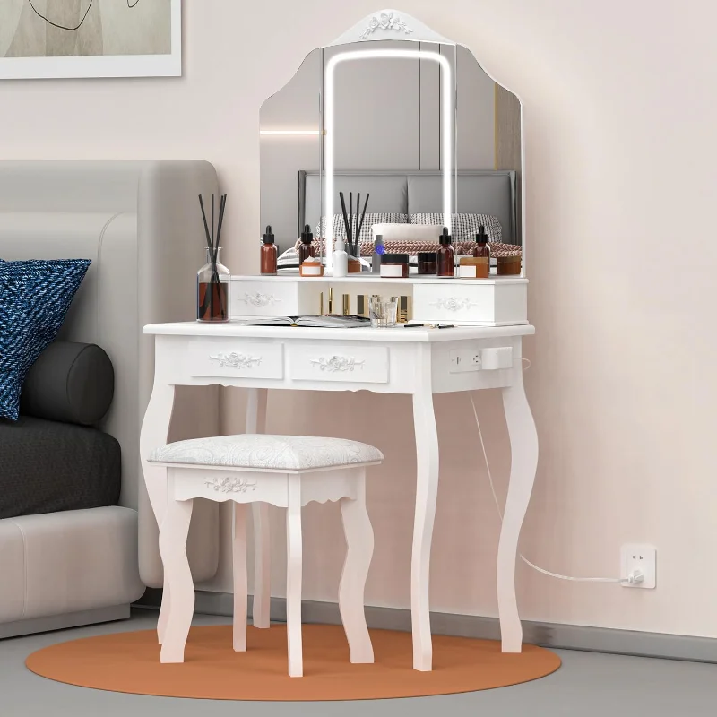 

Современный столик для туалетного столика JIFULI с подсветкой зеркалом и розеткой питания, макияжный стол с 4 выдвижными ящиками